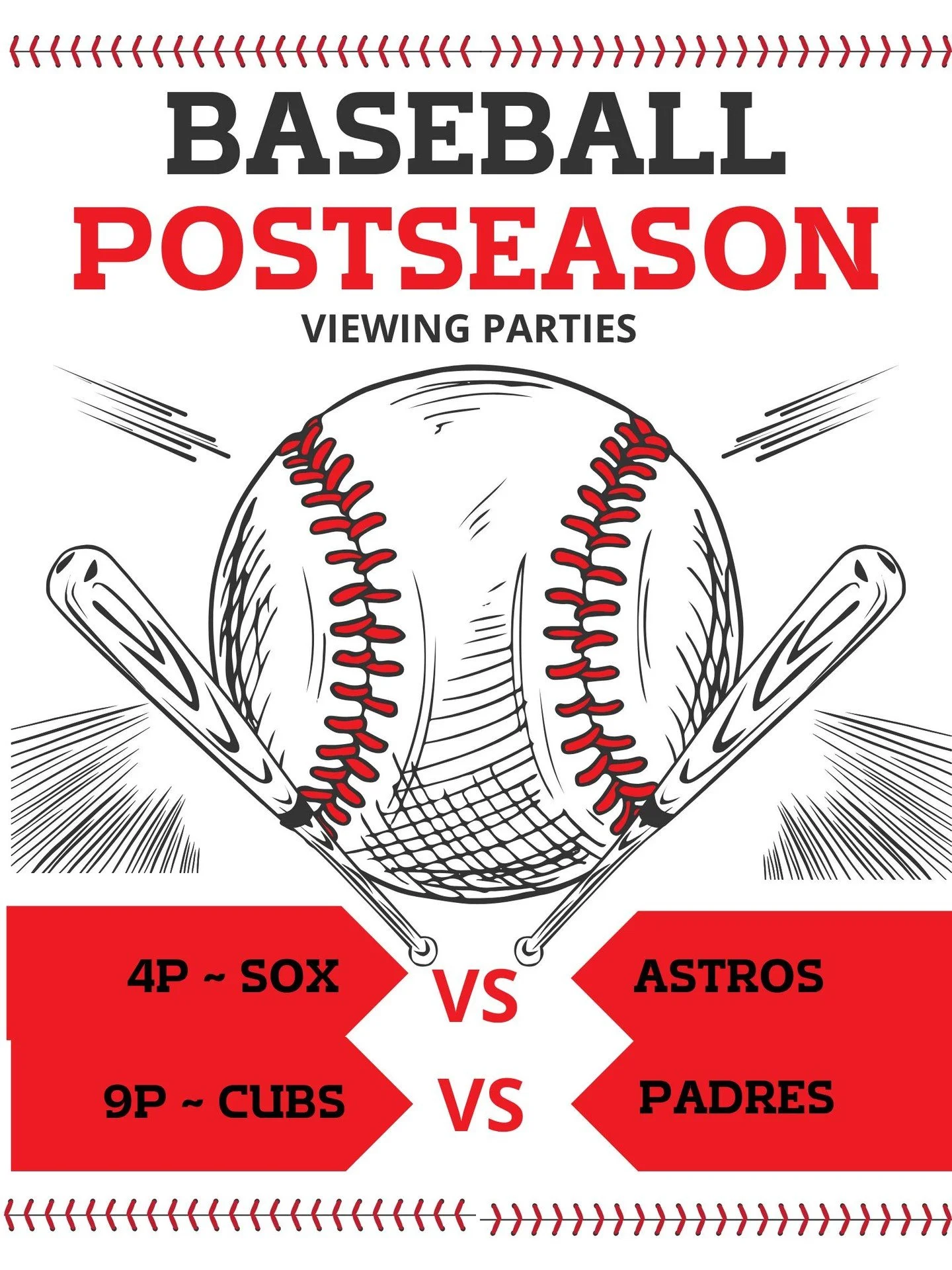 Wild Card Day TWO! The White Sox hope to close out the Rangers series and secure a berth in the ALDS at 4 p.m., and the Cubs aim to tie their series against the Astros at 9 p.m. Daily drink deals + Oktoberfest specials - watching with sound! 
.
.
.
.