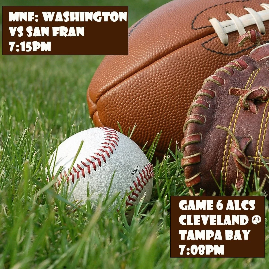 Monday Funday! The 2-3 Cleveland Guardians are looking to force a game 7 by beating the 3-2 Tampa Bay Rays tonight (7:08 p.m.) + the Commanders take on the 49ers at 7:15 p.m. $12 Miller/Coors pitchers, $5 Skrewall/Fireball - our daily deals. 
.
.
.
.