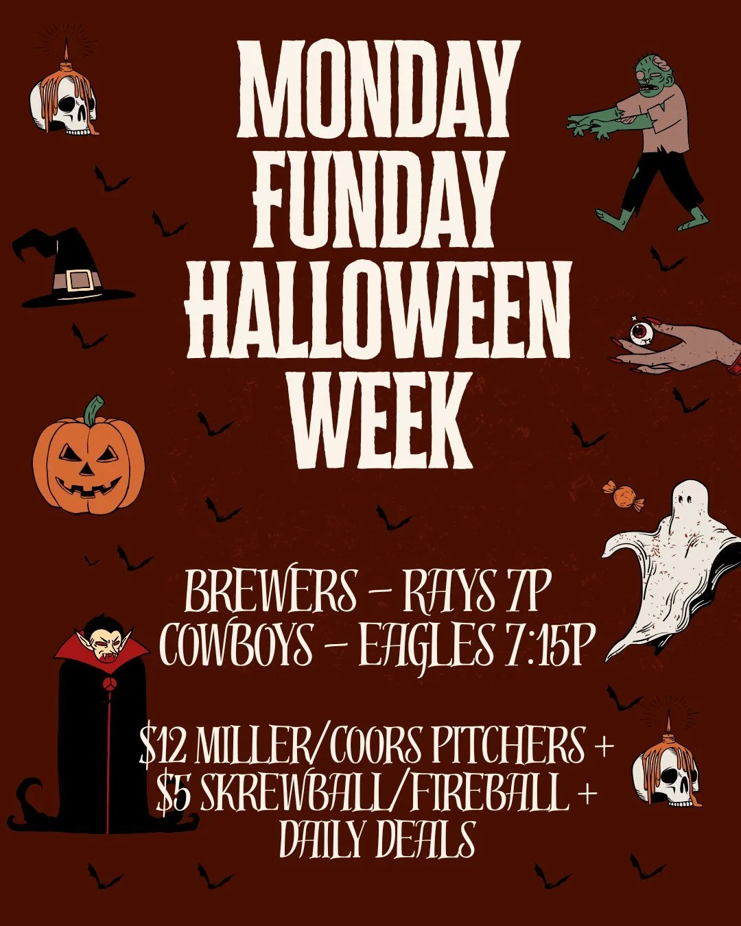 Monday Funday Halloween Week! On the TVs: Brewers-Rays Game Three 7 p.m. and Cowboys-Eagles MNF 7:15 p.m. $12 Miller/Coors pitchers, $5 Skrewball/Fireball shots + our daily deals. Yes - the bar is decked for the holiday 👻💀🍻
.
.
.
.
.
#chicagofunau