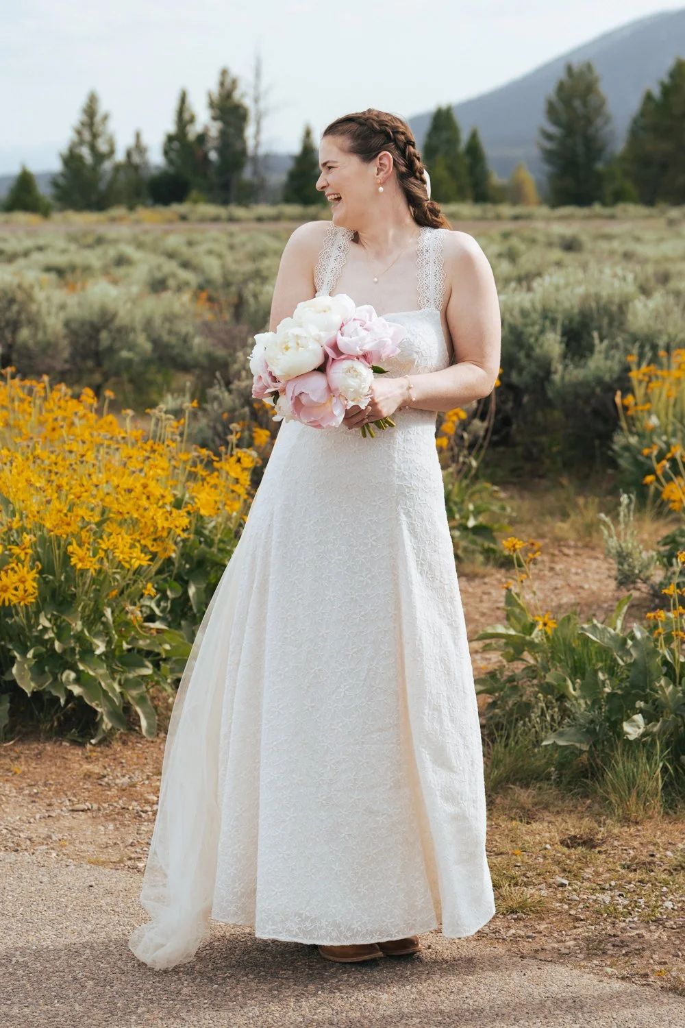 bride at Mountain View turnout in Grand Teton