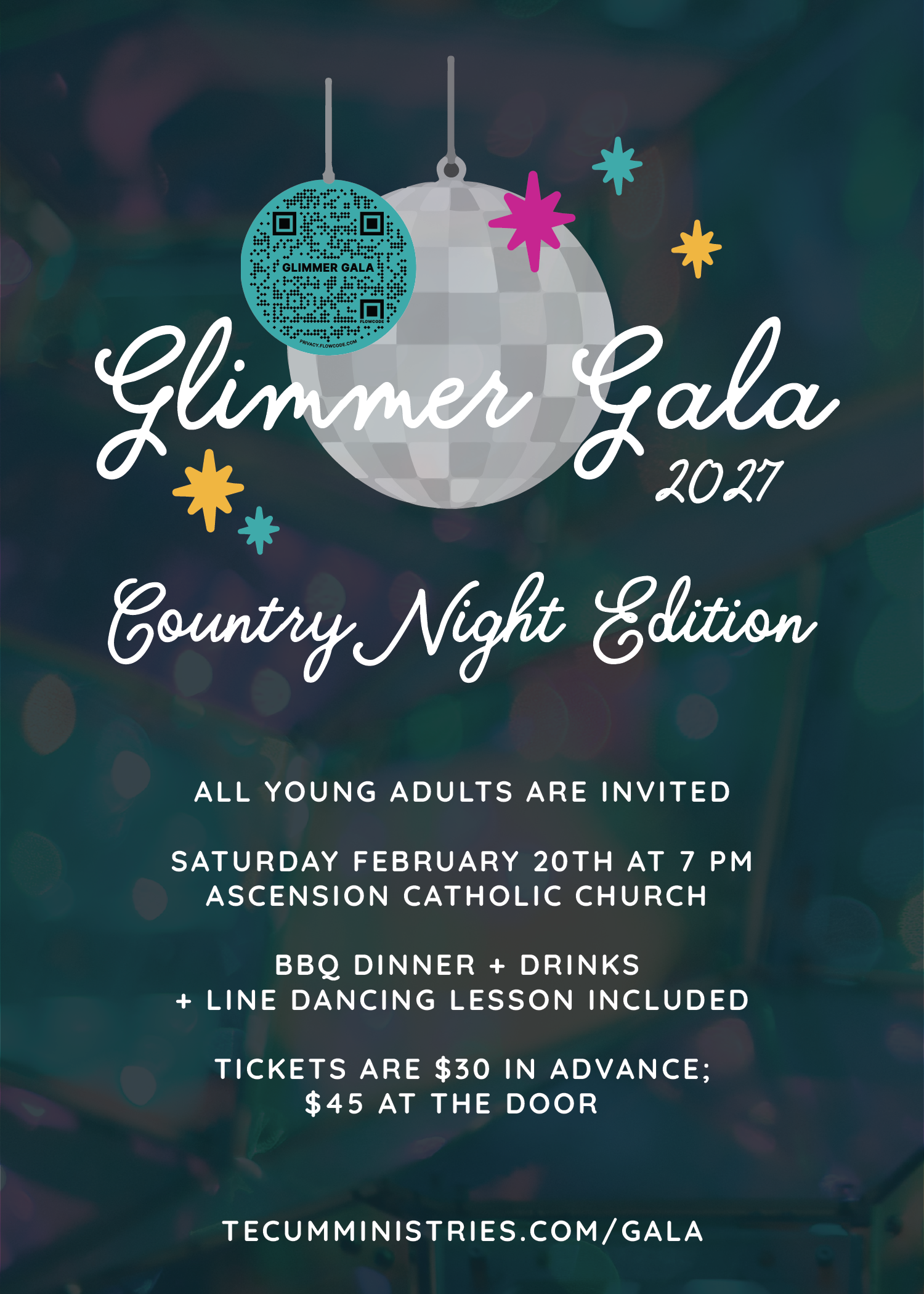 Invitation flyer for the 2027 Glimmer Gala country night edition. Features a disco ball and hanging ornaments with colored stars. Includes event details such as date, time, location, entertainment, ticket prices, and website.