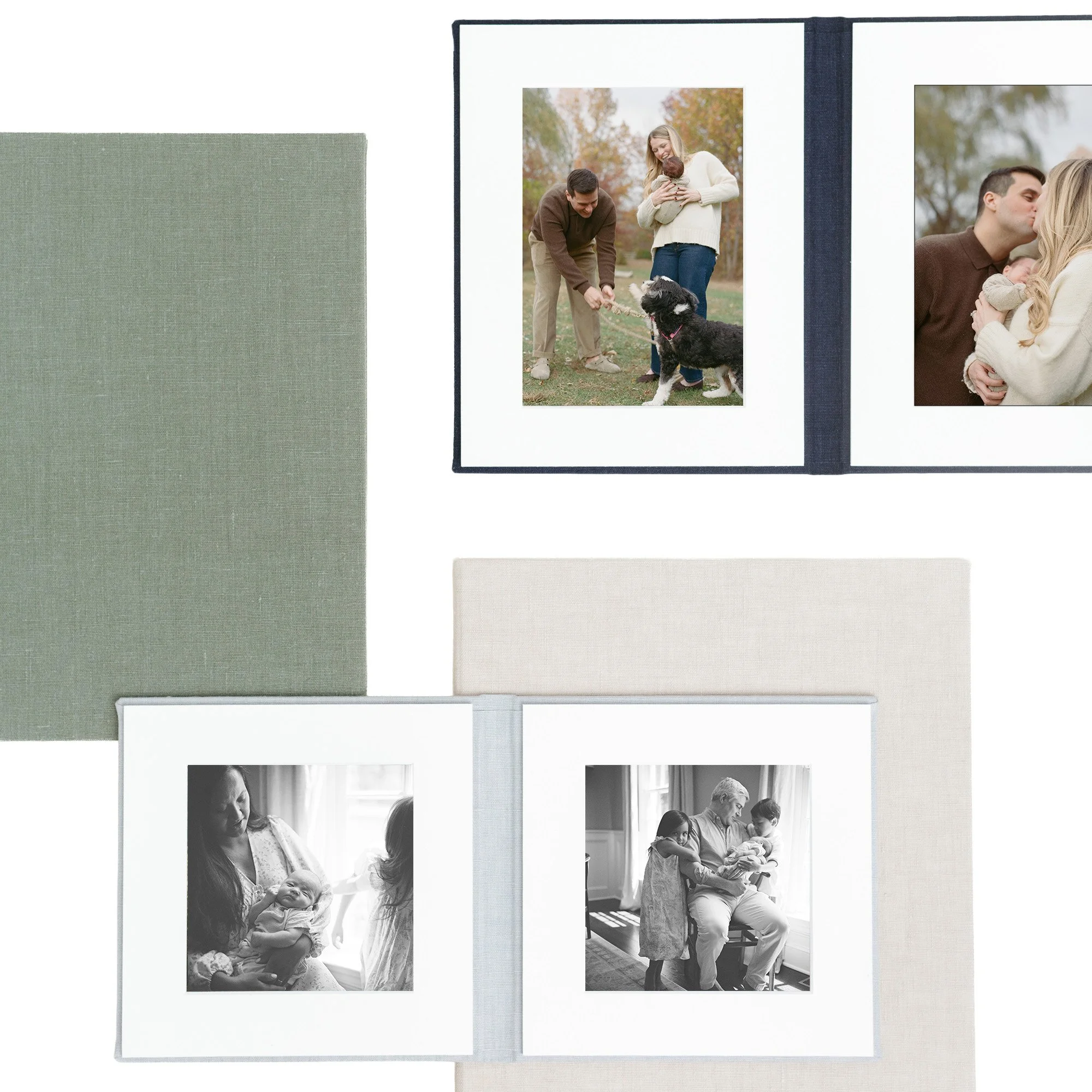 Matted Folio featuring a photograph of family, showing a woman holding a baby, a man leaning down, and a woman with a child in a bright room, with trees outside the window.