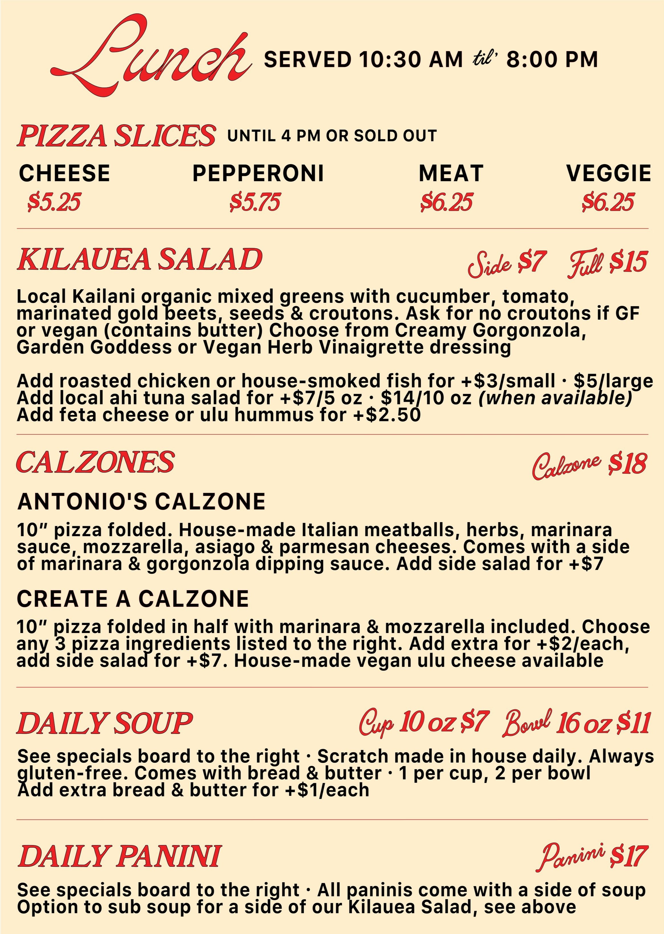 Menu — Kilauea Bakery & Pizzeria