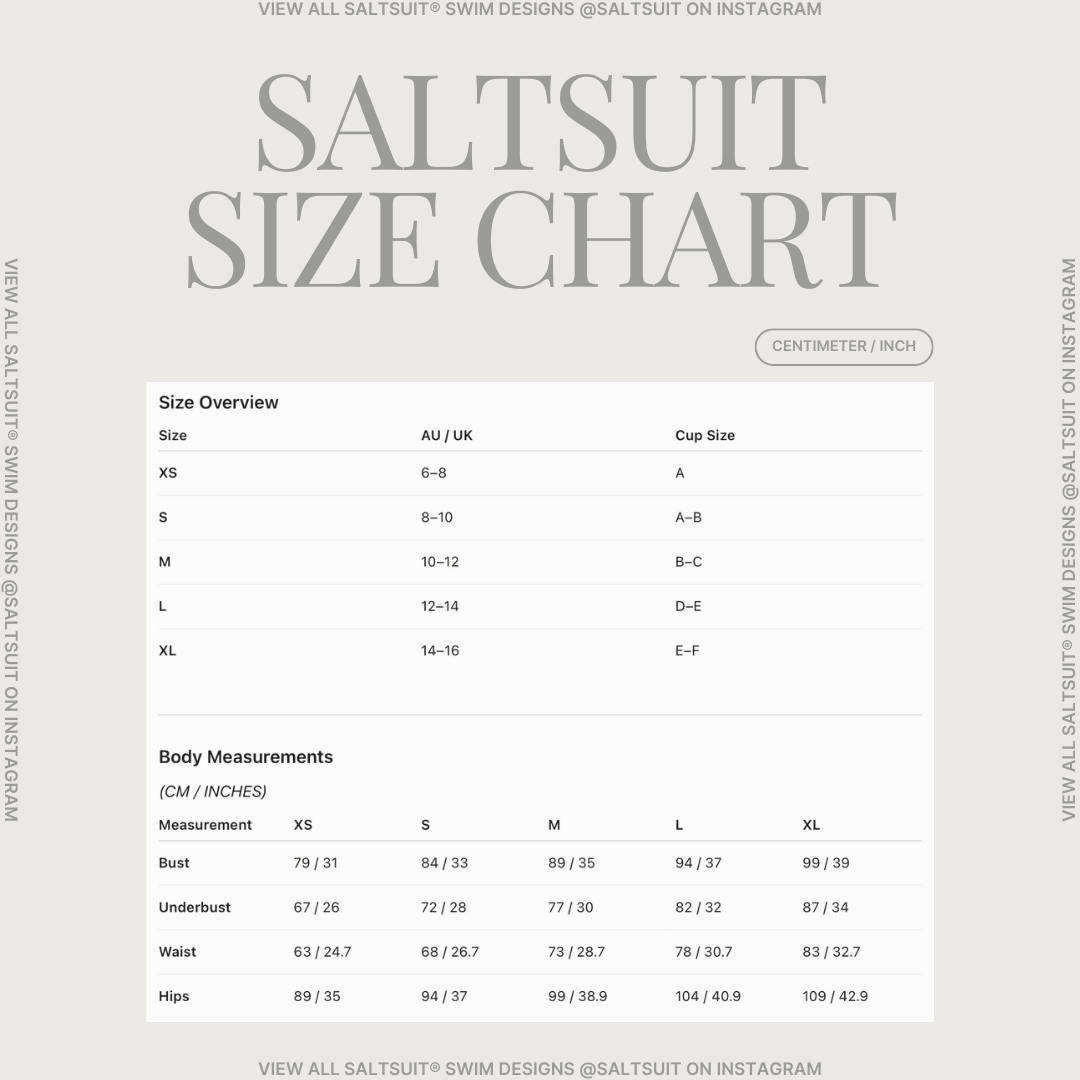 Saltsuit size chart with measurements in centimeters and inches for various sizes from XS to XL, including bust, underbust, waist, and hips measurements.