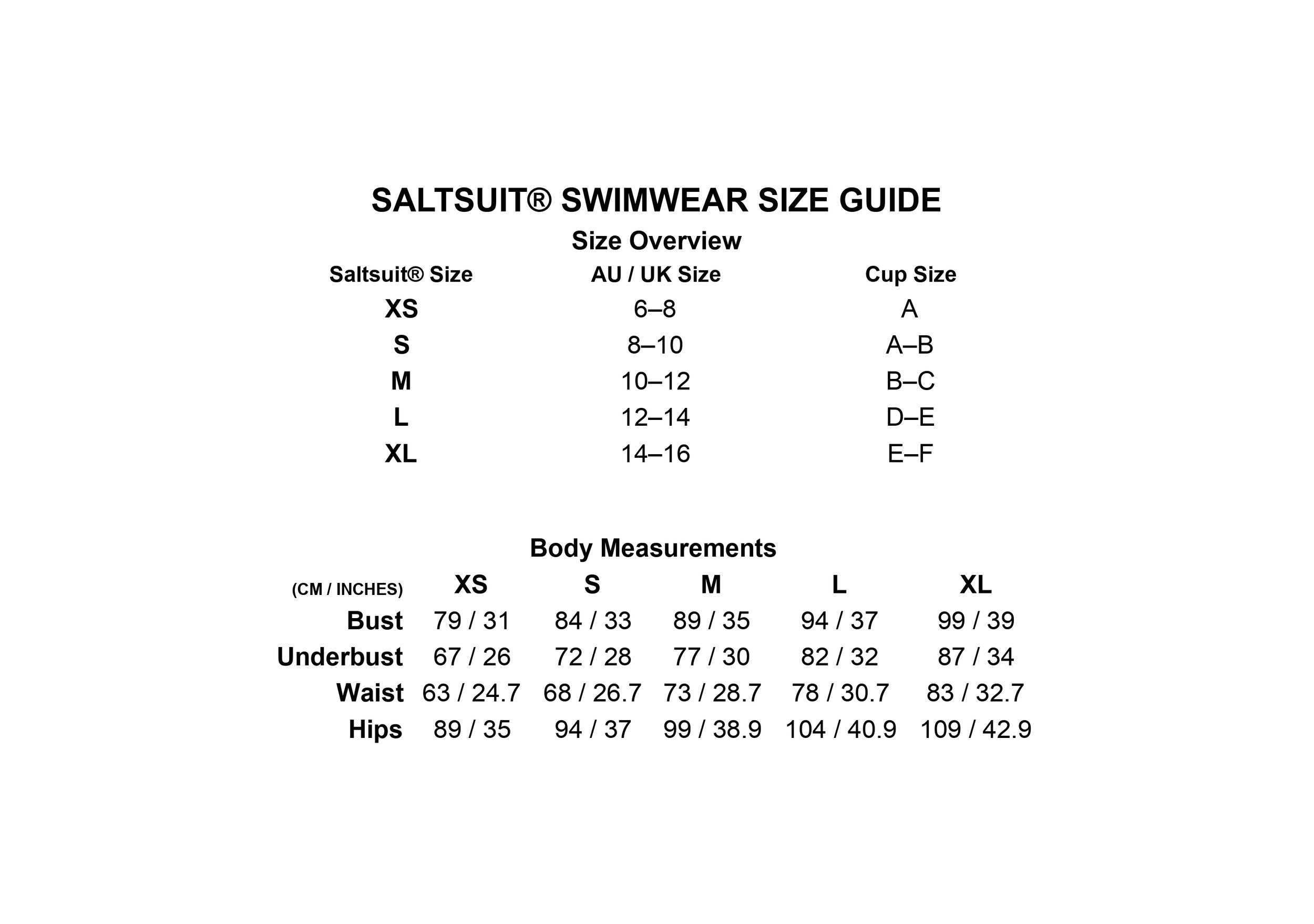 Saltsuit Swimwear Size Guide chart showing size overview and body measurements in centimeters and inches for XS, S, M, L, XL sizes.