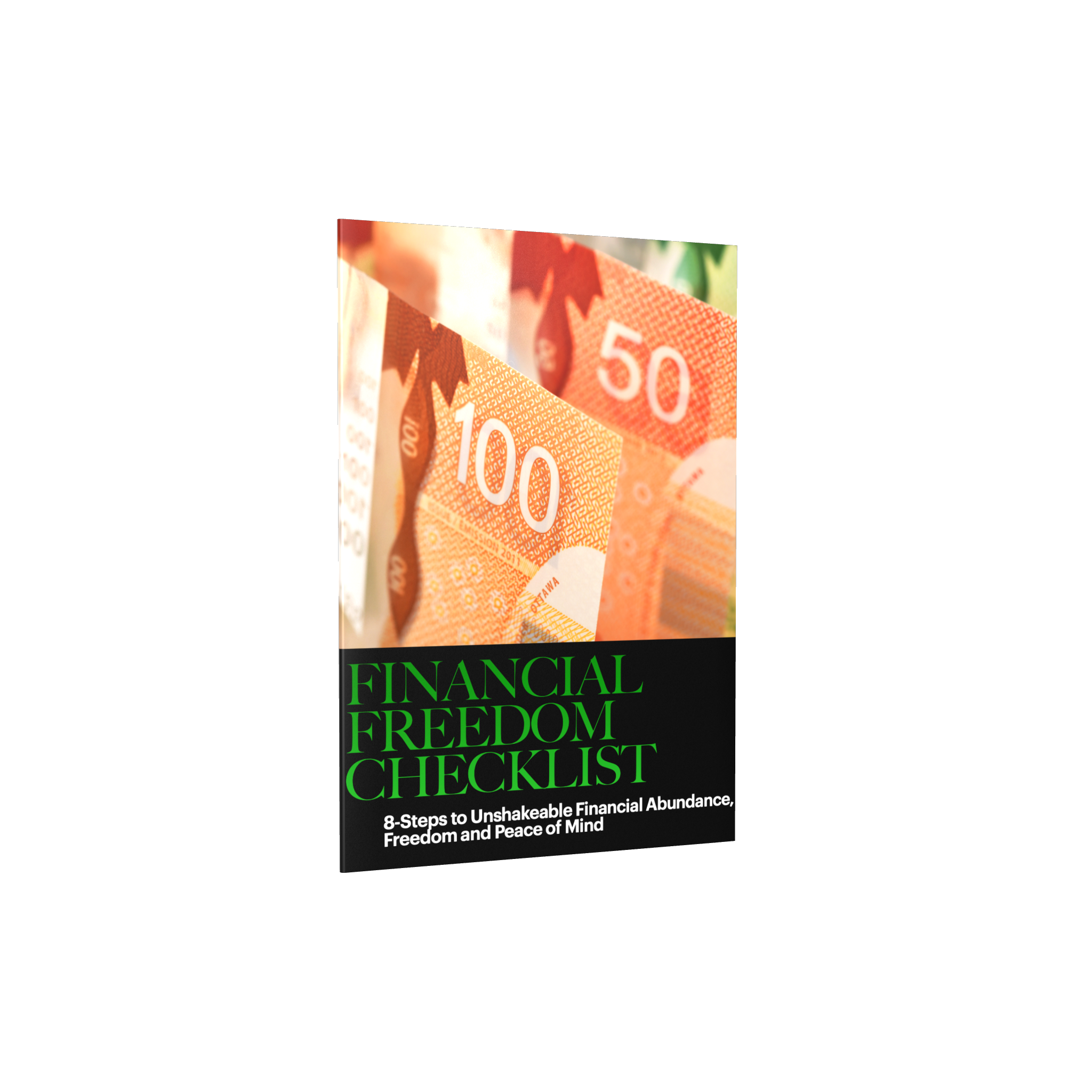 A book cover titled "Financial Freedom Checklist" with an image of Australian dollar banknotes featuring 100 and 50 denominations.