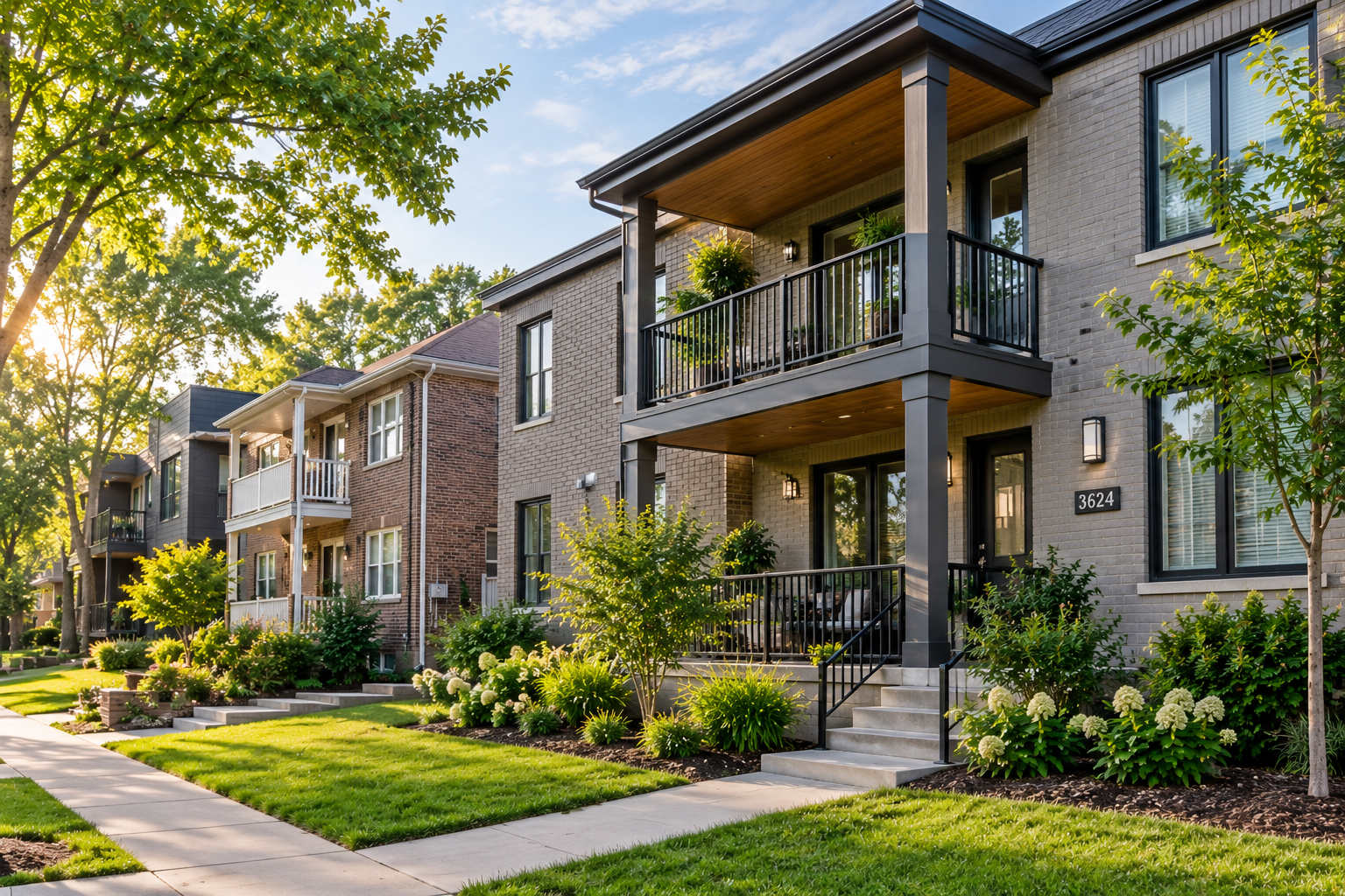 A row of modern multi-story apartment buildings with small front porches and balconies, surrounded by well-maintained green lawns, trees, and shrubs in a residential neighborhood during daytime.