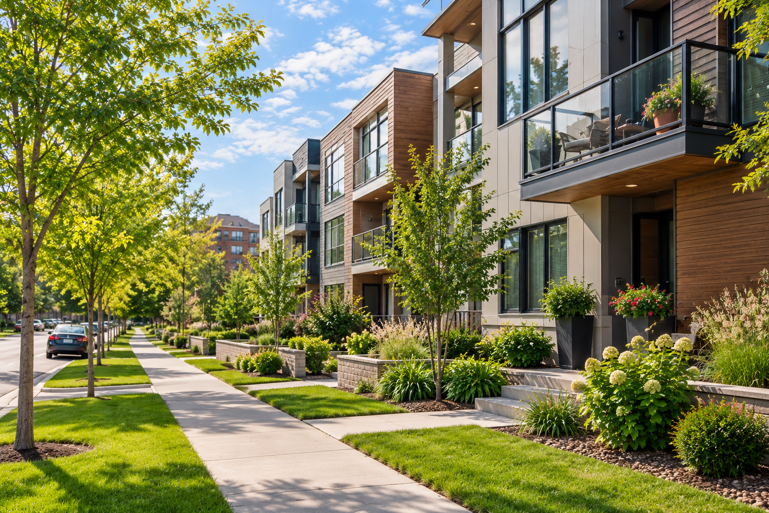 Modern apartment building with balconies, landscaped front yard, sidewalk, and parked cars on a sunny day.