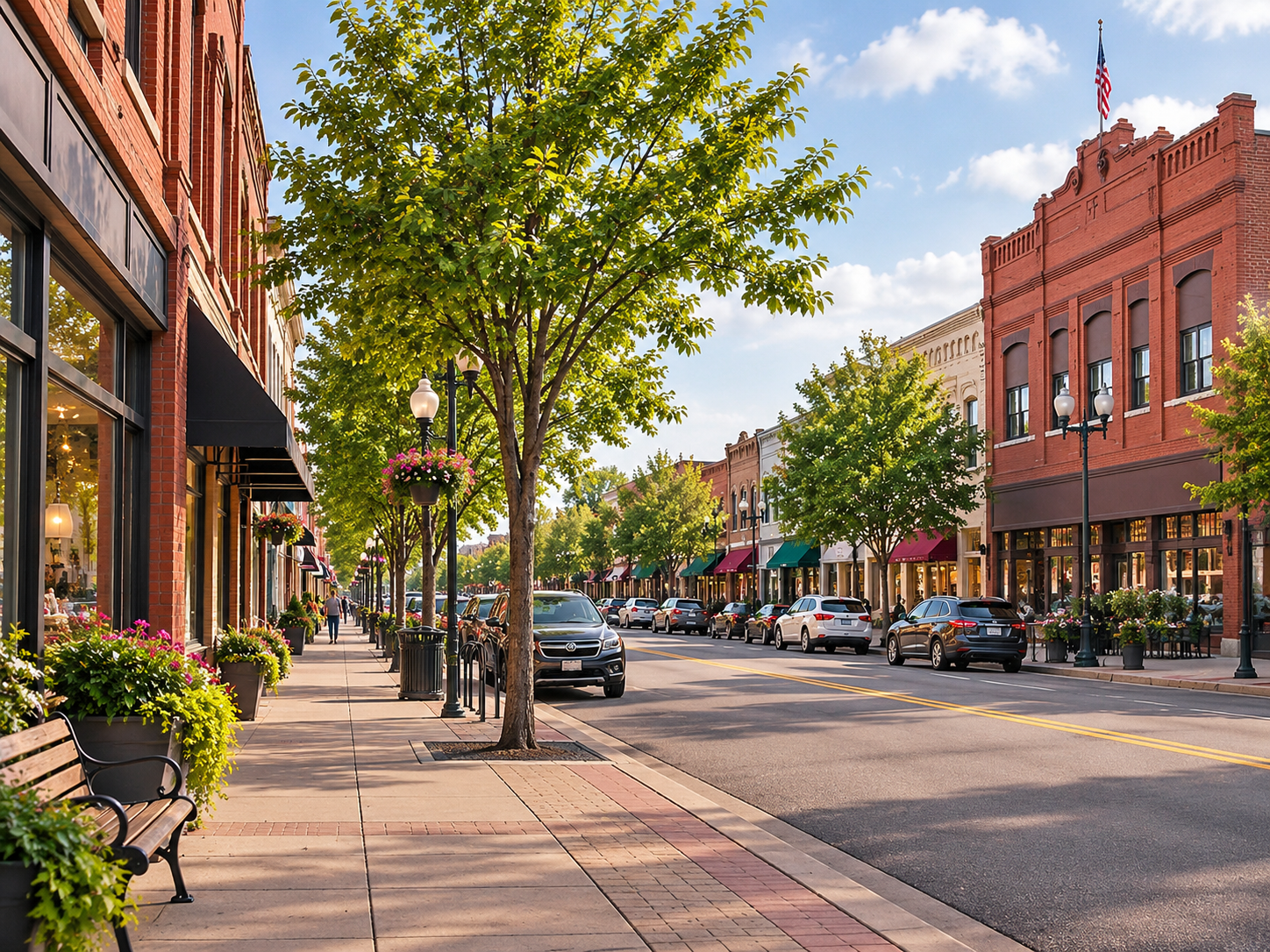A sunny downtown street with brick buildings, parked cars, trees, lamp posts, and outdoor seating