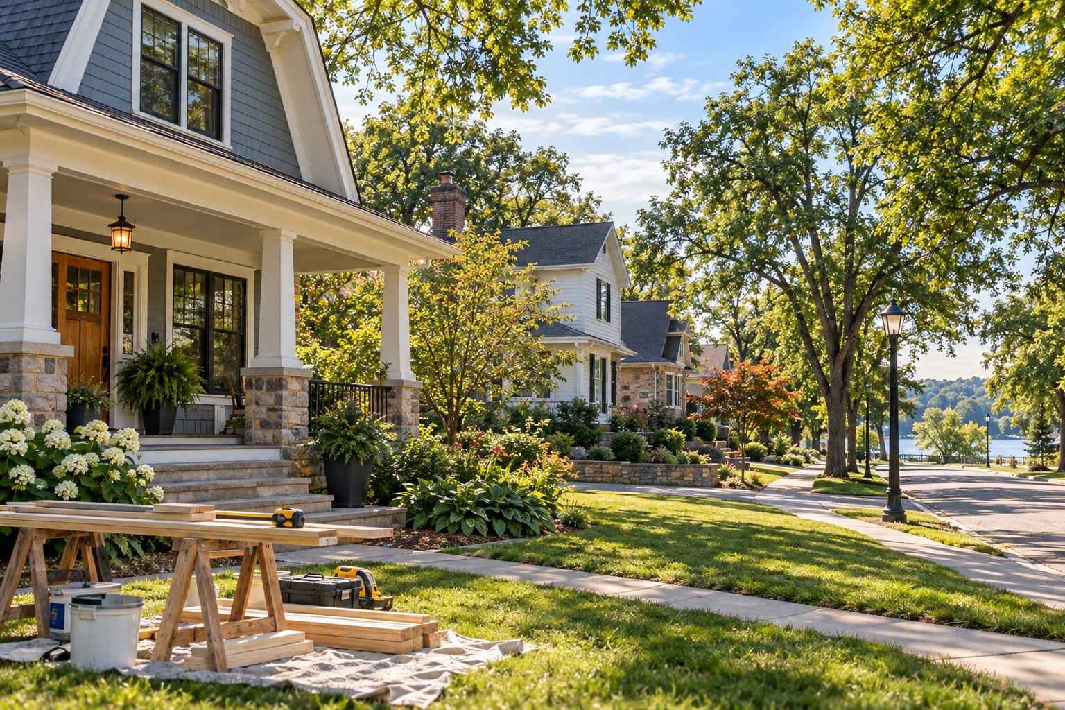 A neighborhood street with houses, lush green trees, flowers, and street lamps on a sunny day. Construction tools and wooden planks are in the foreground.