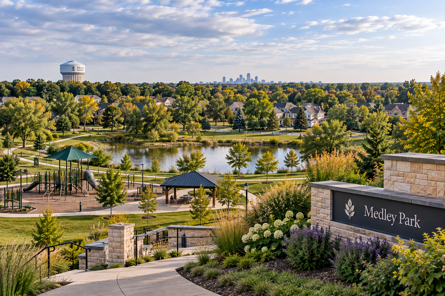 A scenic view of Medley Park with a playground, pond, walking paths, and a neighborhood with houses and trees in the background, under a partly cloudy sky.