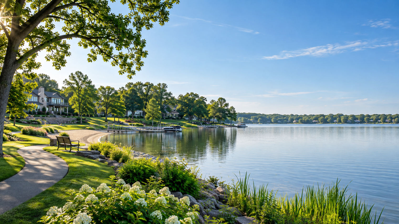 A lakeside residential area with lush green grass, flowering plants, trees, a walking path, and houses along the shoreline with boats docked at the docks. The sky is clear with some clouds, reflecting in the calm water.