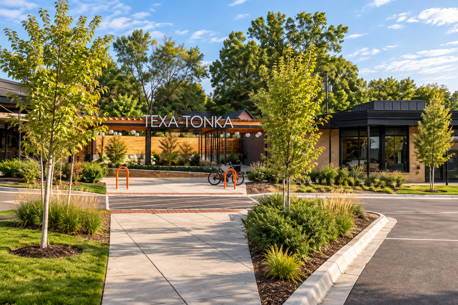 Modern restaurant building named TEXA-TONKA with landscaped front yard, trees, and parking lot under a clear blue sky.