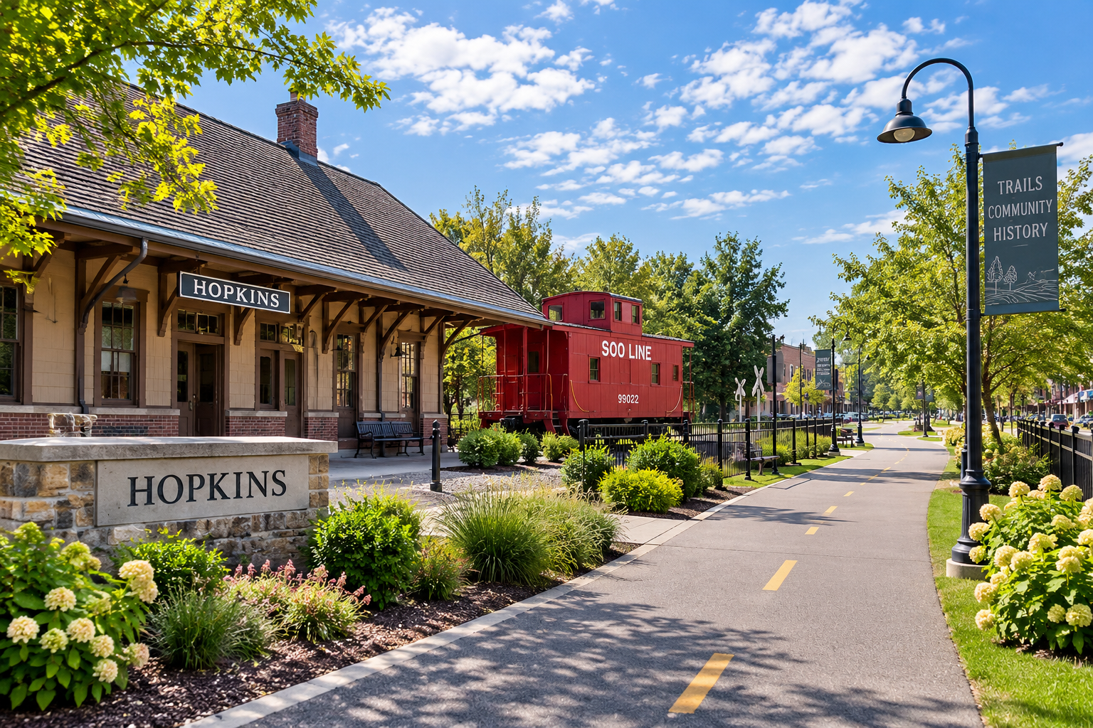 A charming small-town train station with a red caboose labeled 'Soo Line' and a building with a sign 'HOPKINS'. The scene features a paved bike path, greenery, trees, flower beds, benches, vintage-style street lamps, and banners reading 'Trails Community History' on a sunny day.