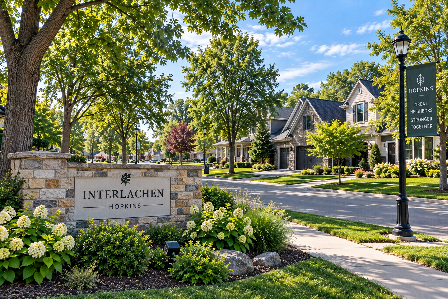 A residential neighborhood with houses, trees, lawn, and street lamp, with a sign reading 'Interlachen Hopkins' and a banner that says 'Hopkins Great Neighbors Stronger Together'.