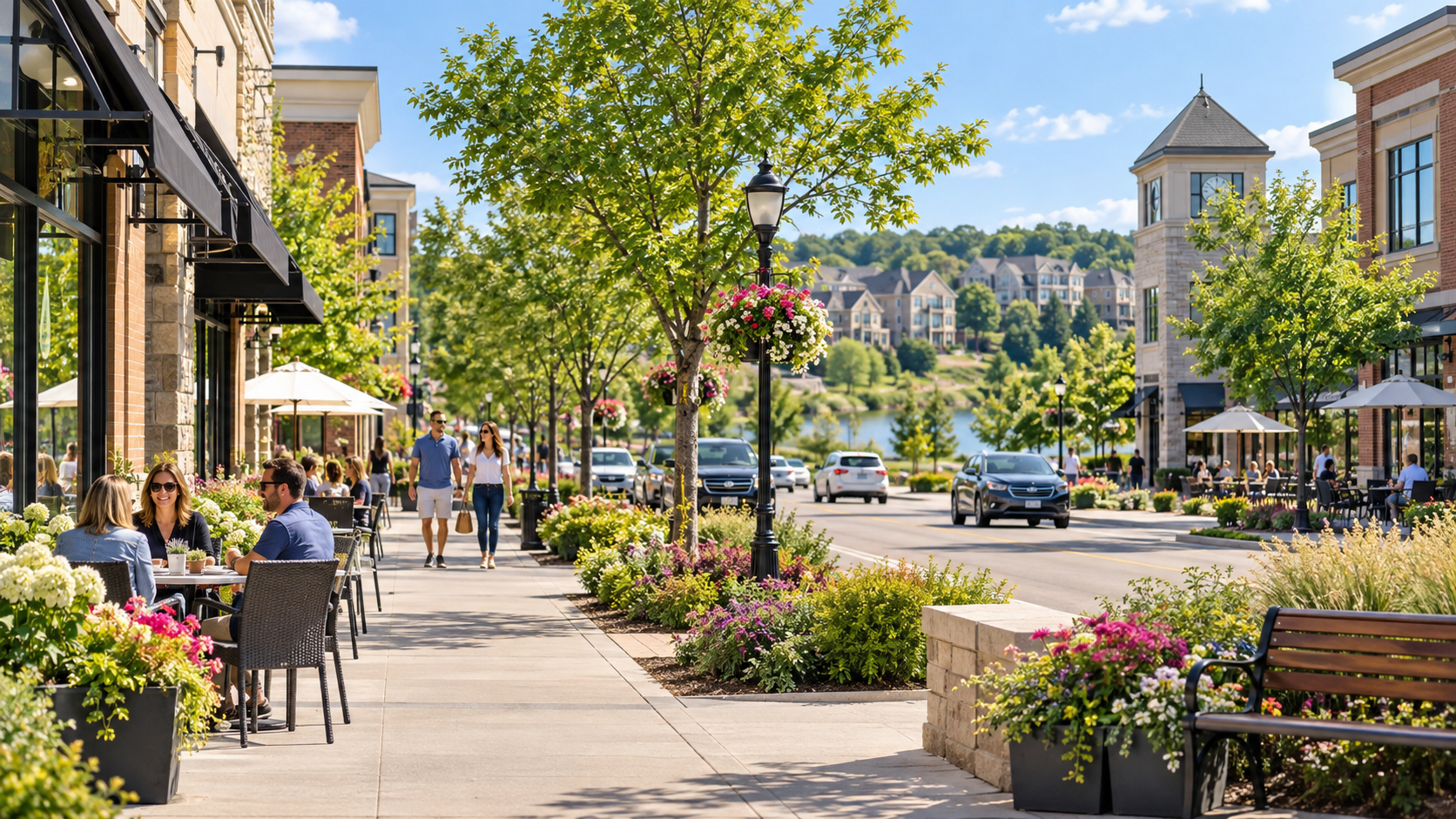 A lively downtown street with outdoor café seating, decorated with vibrant flowers, trees, and hanging baskets. People are walking, and cars are driving along the street on a sunny day with a clear blue sky.