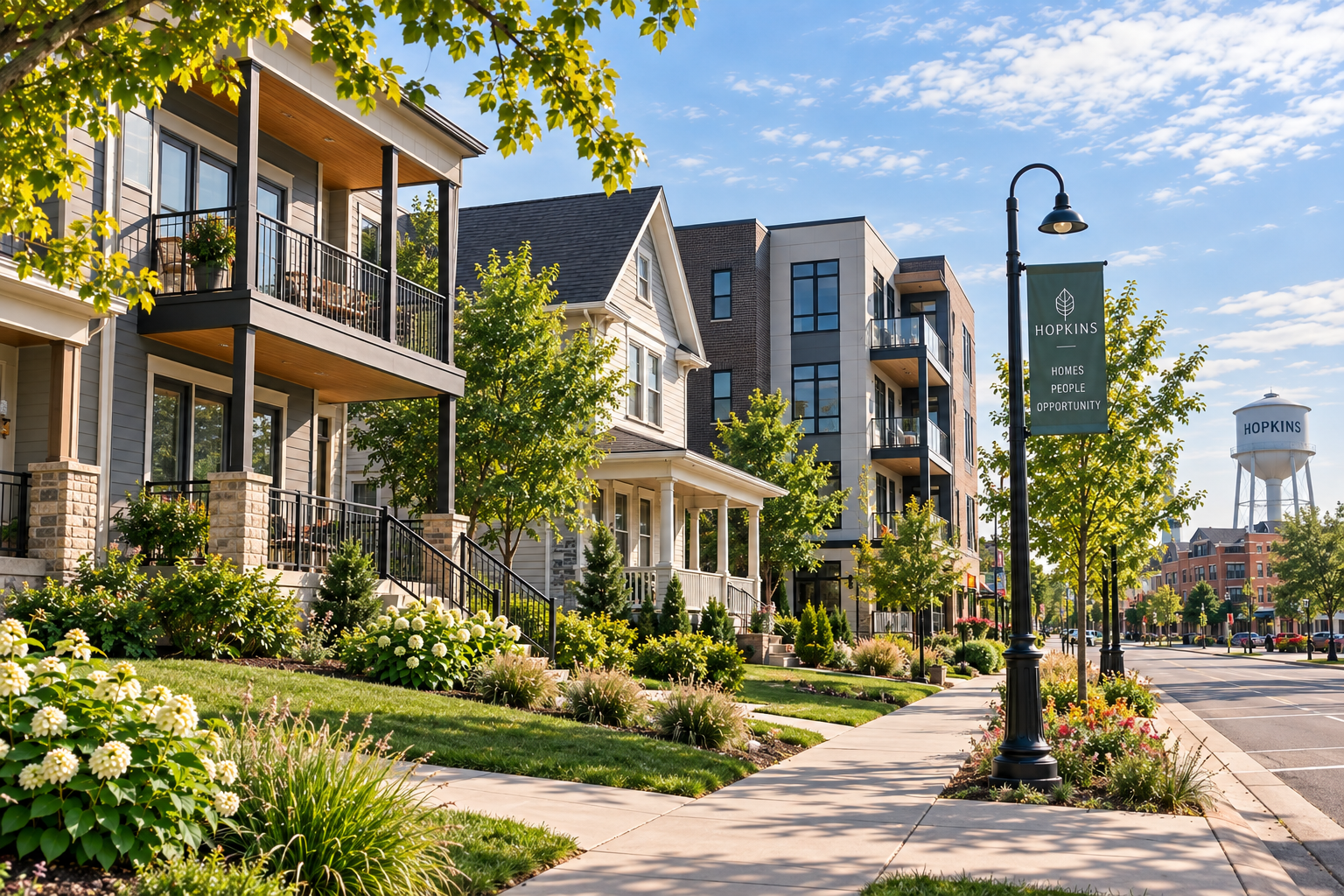 Residential street with modern and traditional homes, landscaped gardens, trees, sidewalk, street lamp, and Hopkins sign, water tower, and buildings in the background.