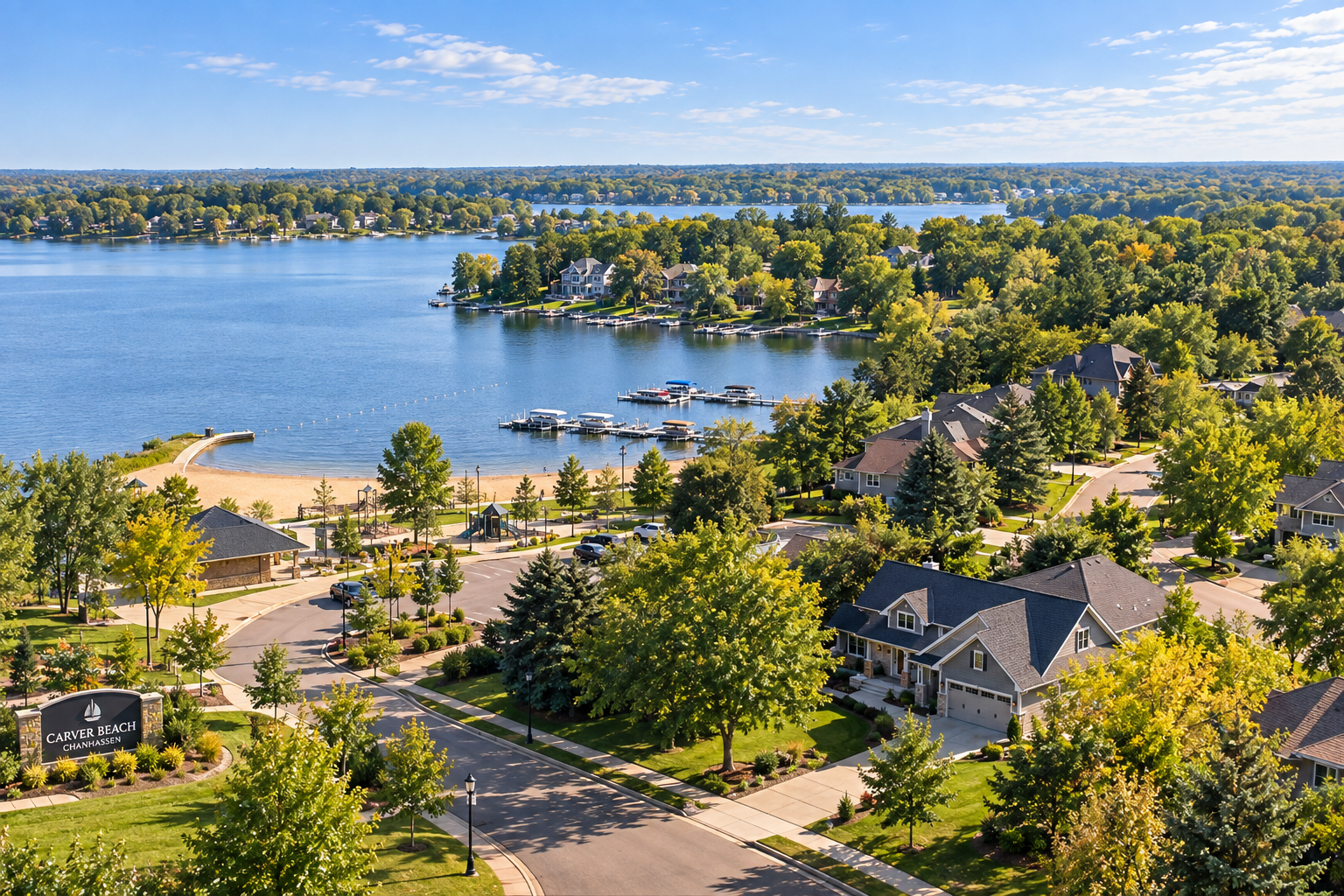 Aerial view of a lakeside residential area with houses, trees, a beach, boats, and a large body of water under a partly cloudy sky.