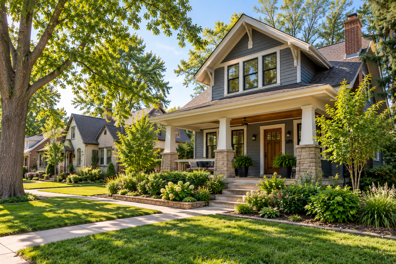 A charming two-story house with a front porch, surrounded by lush greenery, trees, and a well-maintained lawn, under a clear blue sky.