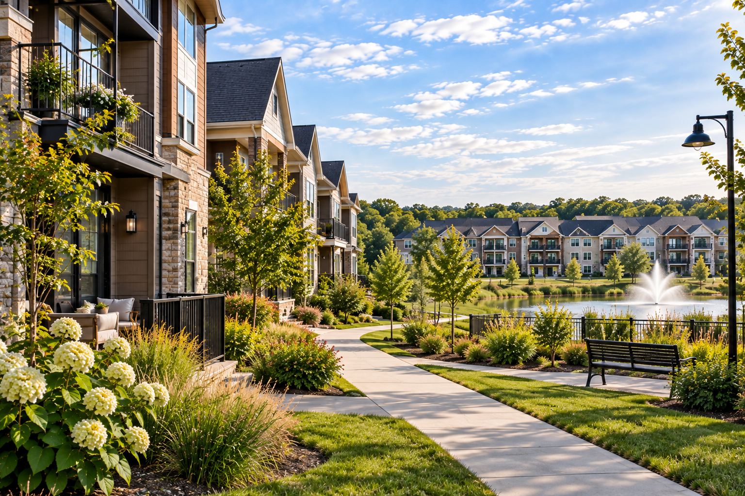 A residential complex with multi-story apartment buildings, landscaped gardens, a pond with a fountain, walking paths, benches, and blooming plants under a partly cloudy sky.