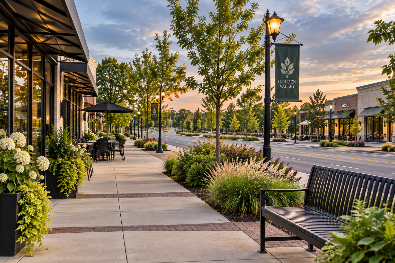 Empty downtown shopping street with storefronts, outdoor seating, trees, and streetlights at sunset.