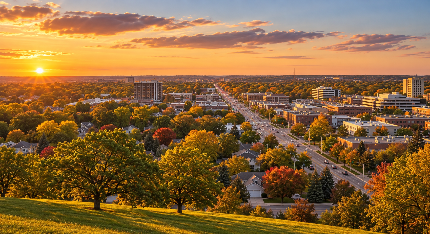 Sunset over a city with a mix of residential and commercial buildings, tree-lined streets, and a foreground of green grass and trees in autumn colors.