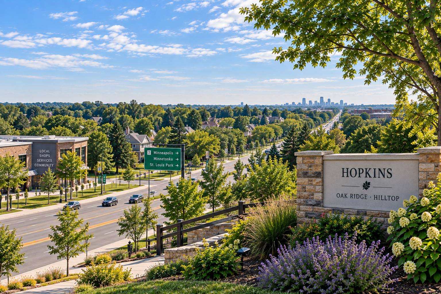 Scenic view of a suburban neighborhood from an elevated position, with a large sign reading 'Hopkins, Oak Ridge, Hilltop' in the foreground, surrounded by lush greenery and flowers. A street with cars and a green directional sign pointing to Minneapolis, Minnetonka, and St. Louis Park is visible, with residential houses and a city skyline in the distance under a partly cloudy blue sky.