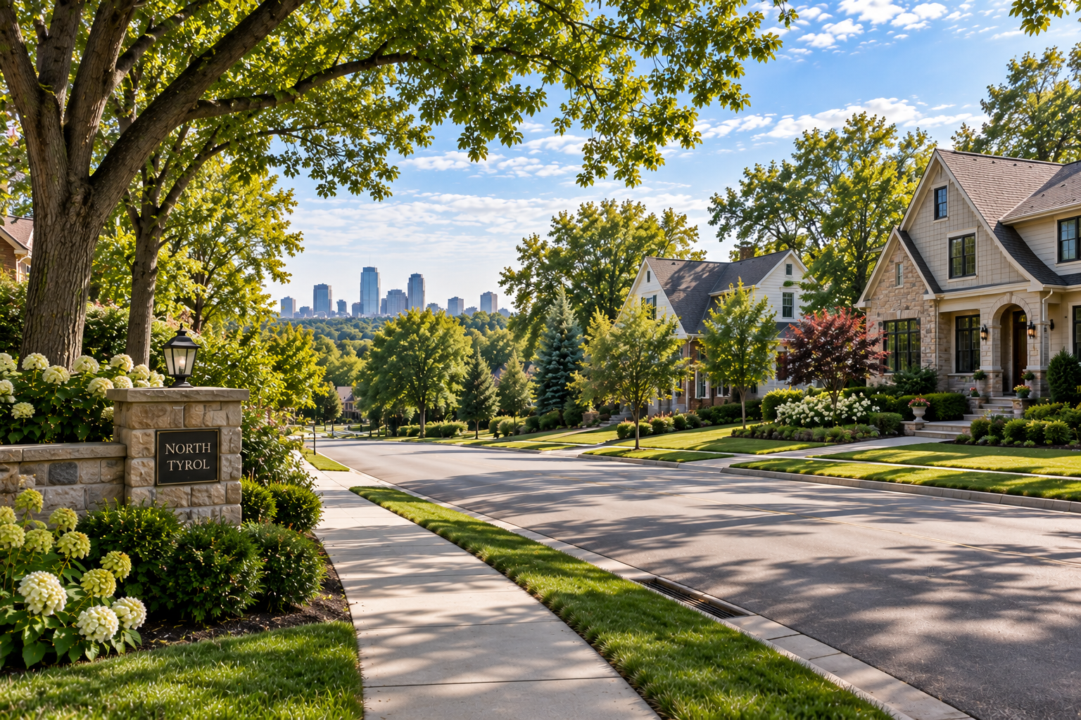 A residential neighborhood with large houses, green trees, and a well-maintained lawn, with city skyline in the background under a partly cloudy sky.