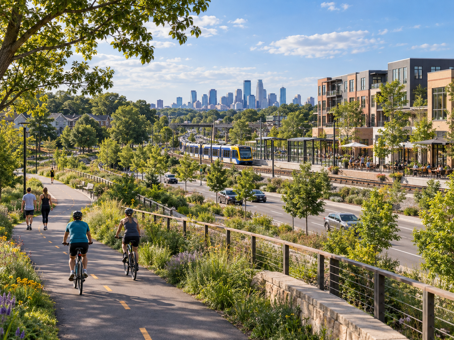 Urban park with a bike trail, people biking and walking, surrounded by trees, with a city skyline and a train in the background.