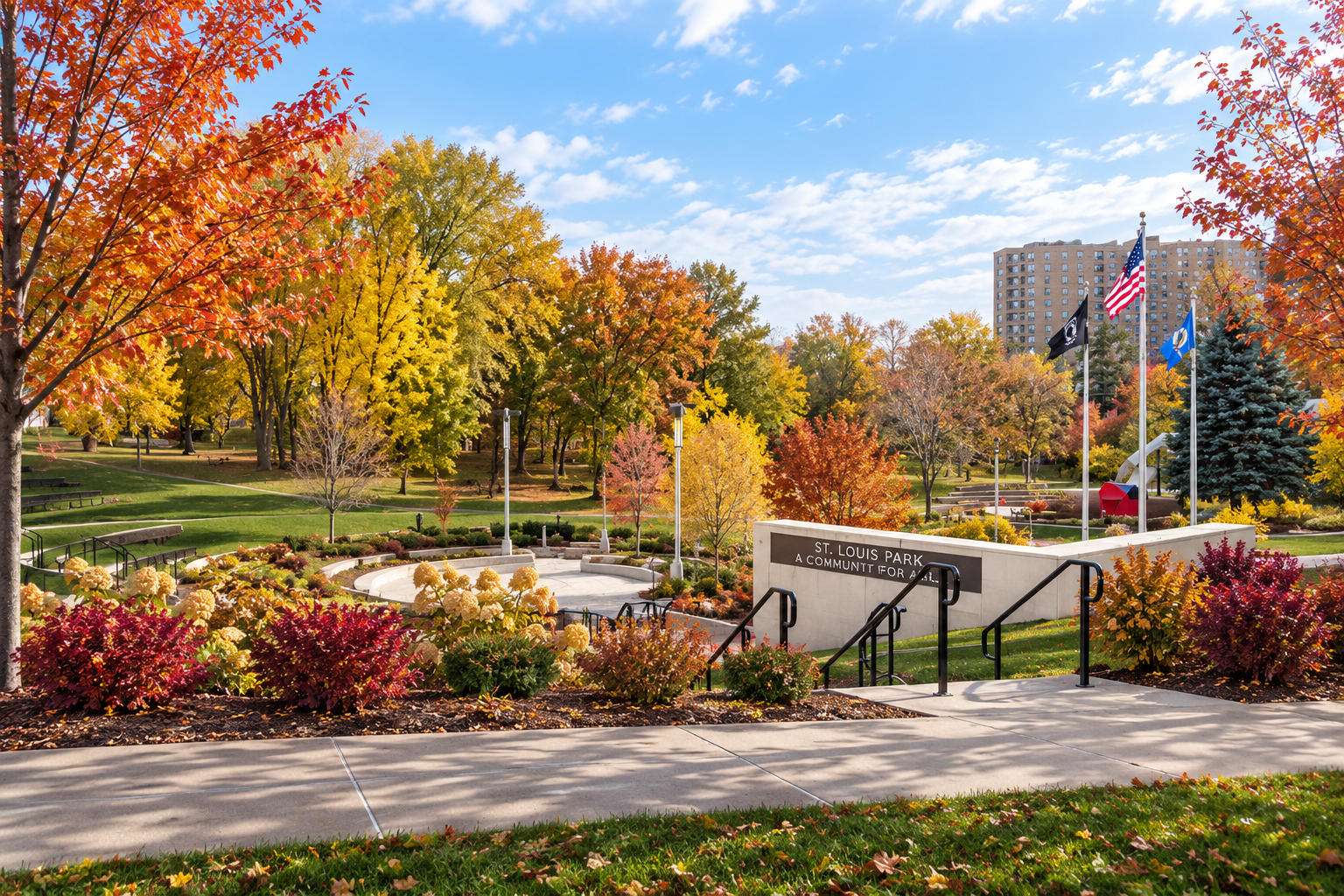 A park during autumn with colorful trees, flowers, and a monument with flags, labeled 'St. Louis Park, A Community for All'.