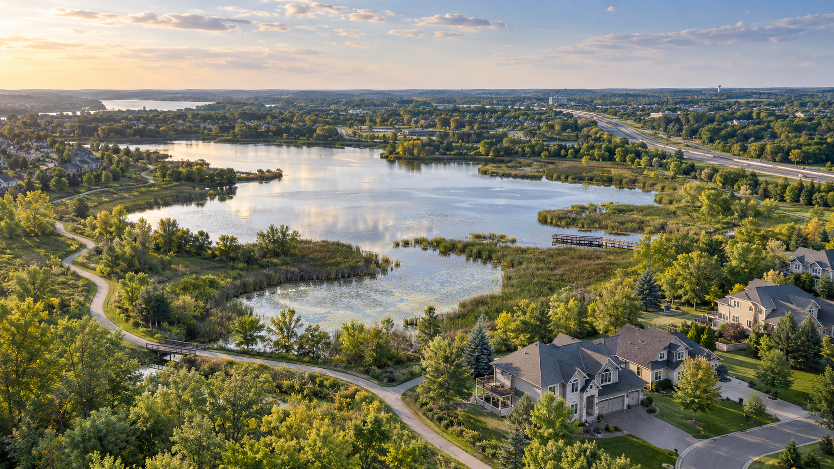 Aerial view of a suburban neighborhood with large houses, lush green trees, a winding trail, and a body of water, with a highway in the background during sunset.