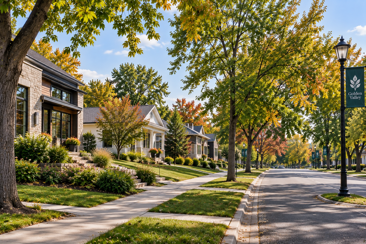 Residential neighborhood with houses, trees, and a sidewalk on a sunny day.