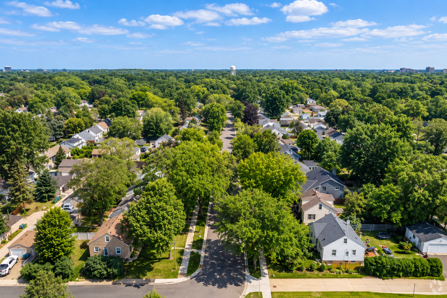 Aerial view of a suburban neighborhood with rows of houses, lush green trees, and a clear blue sky with some clouds.