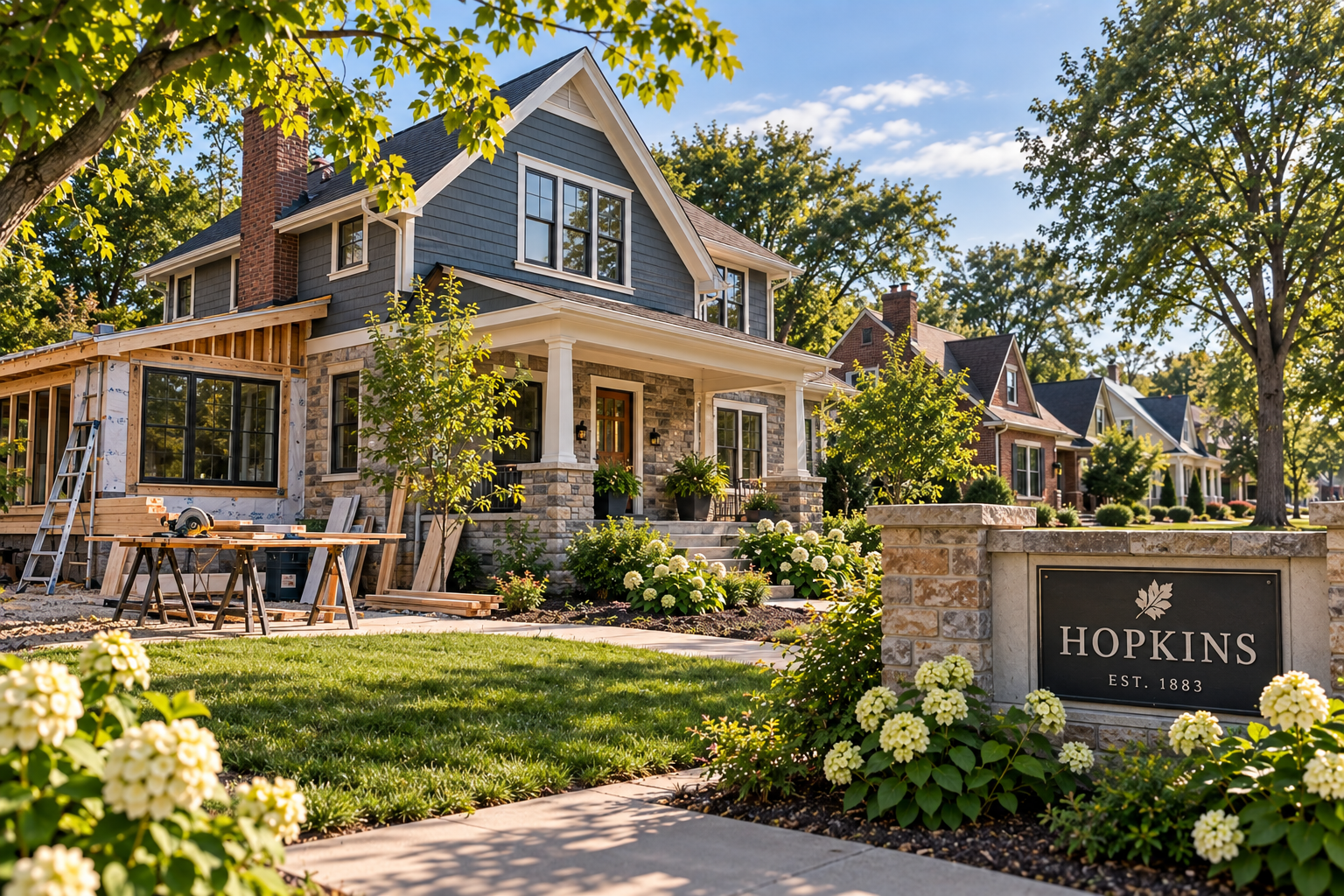 A new two-story house under construction with a brick and stone exterior, front porch, and lush landscaping. A sign reads "Hopkins Est. 1883" in the front yard.