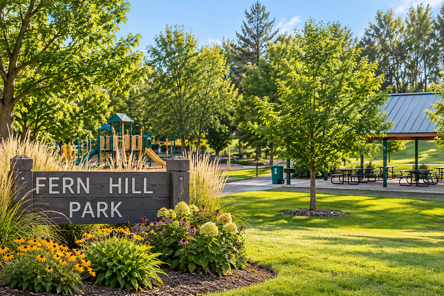 A park entrance sign reads 'Fern Hill Park' amidst colorful flowers and lush green grass, with trees, a playground, picnic tables, and a pavilion in the background on a sunny day.