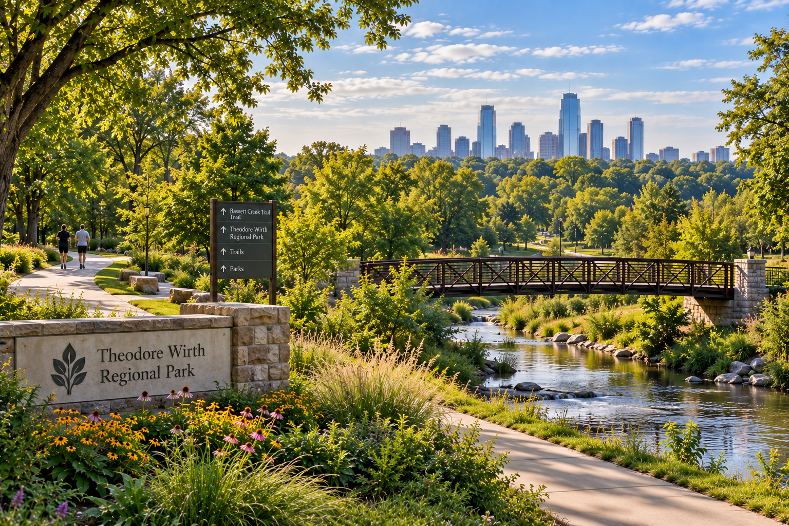 A scenic view of Theodore Wirth Regional Park with a walking trail, a small river, a bridge, lush green trees, flowers, and a city skyline in the background on a sunny day.