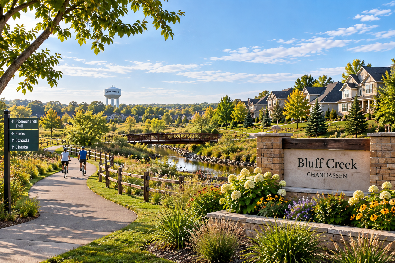 A scenic park scene with a walking and biking trail along a creek, flanked by green trees and flowers, residential houses on a hillside, a sign for Bluff Creek Chanhassen, and a water tower in the distance under a partly cloudy sky.