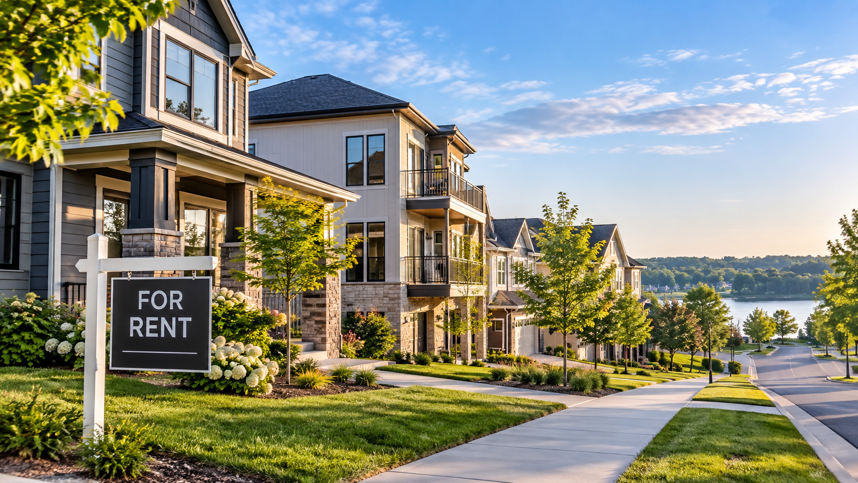 Row of modern houses with landscaped lawns and a