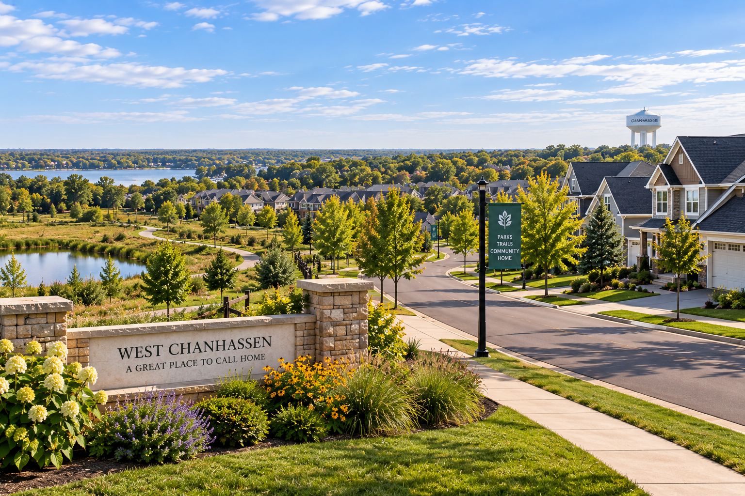View of a residential neighborhood with trees, sidewalks, streetlights, and houses, including a water tower in the background. In the foreground, there is a stone sign that says, 'West Chanhassen, A Great Place to Call Home,' surrounded by flowers and shrubs.