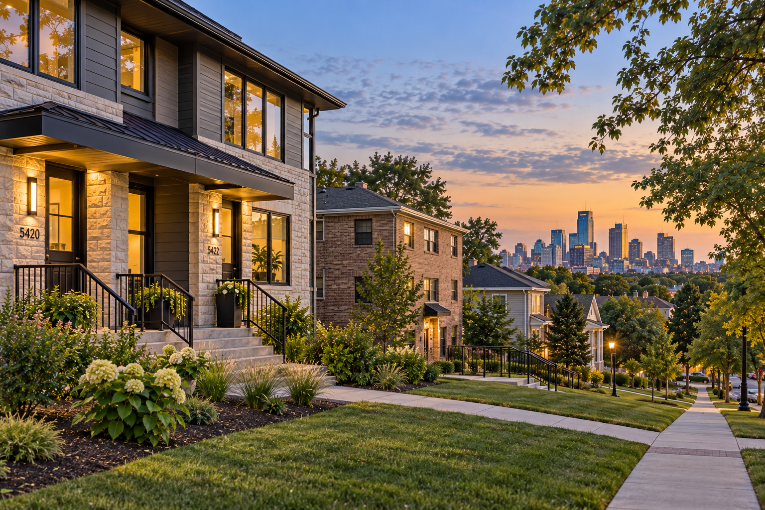 Residential neighborhood with modern homes, landscaped yards, and a city skyline in the distance during sunset.