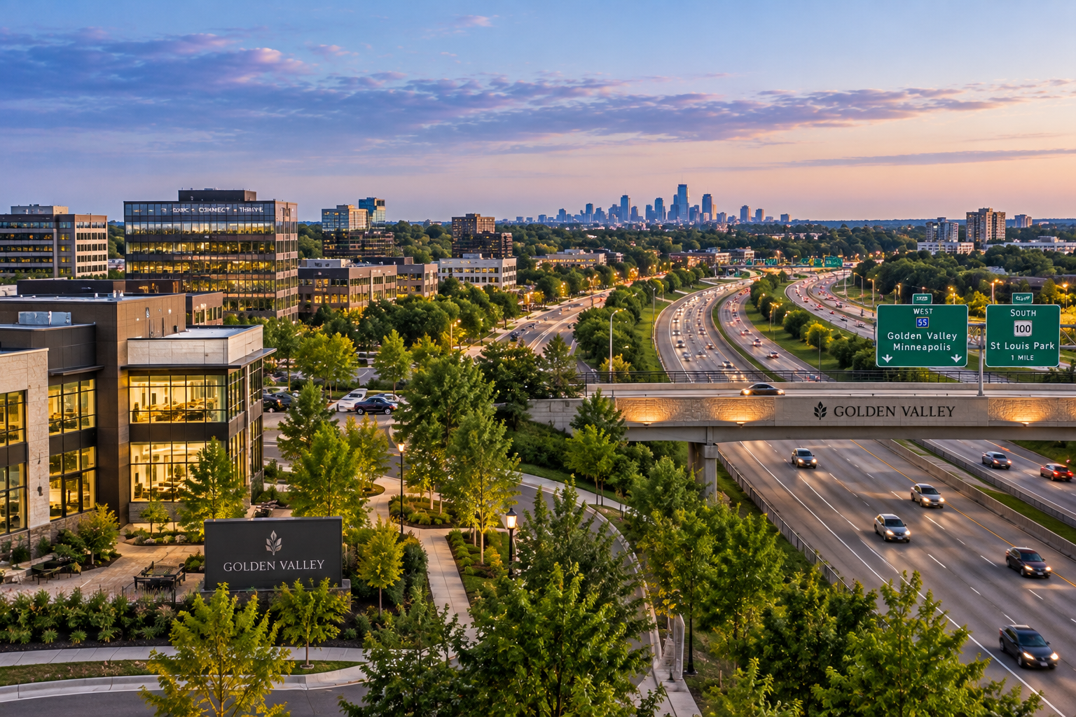 A cityscape during sunset with a highway, office buildings, and a skyline in the distance. Trees line the streets, and green street signs indicate directions to Golden Valley, Minneapolis, and St. Louis Park.