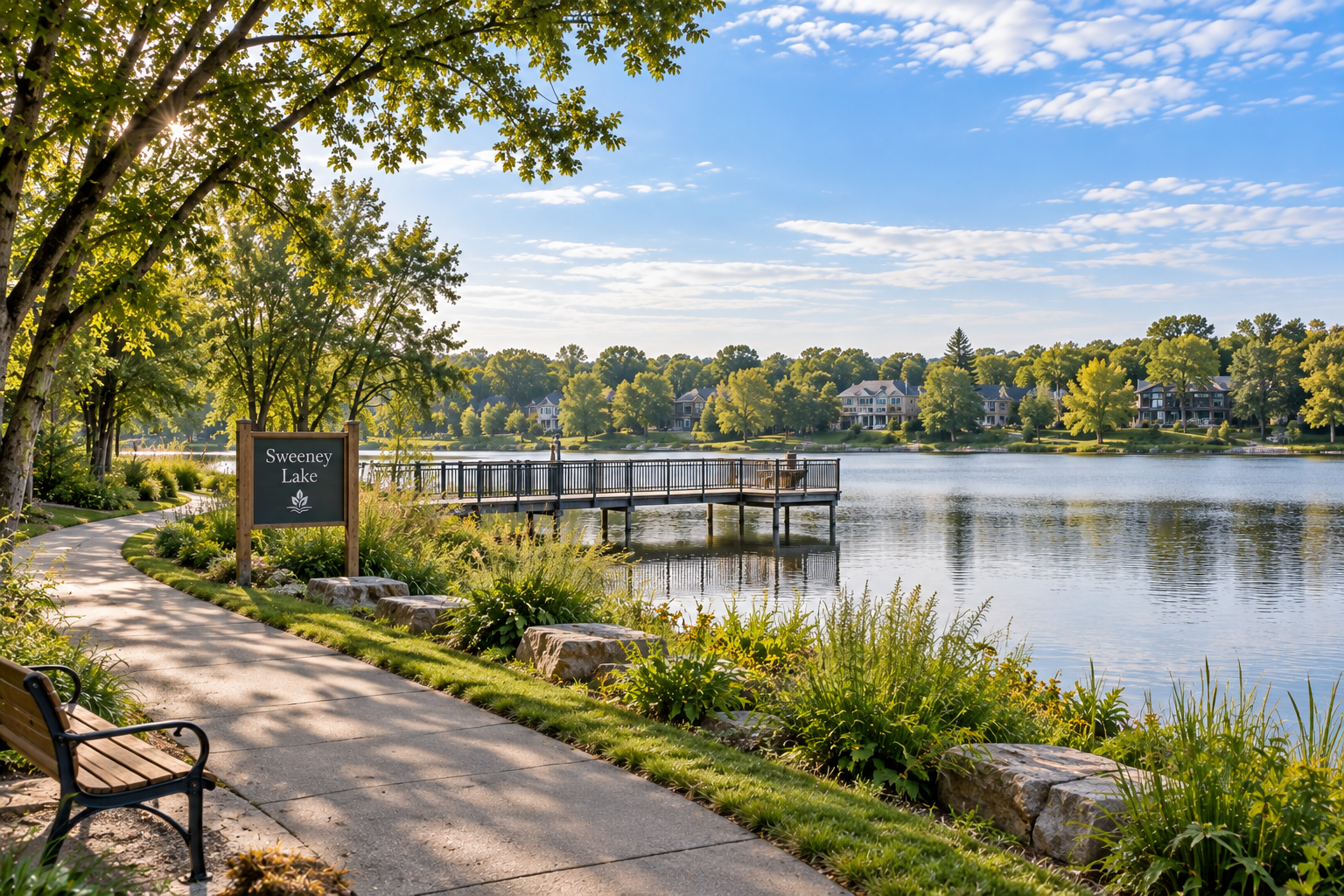 A pathway along Sweeney Lake with a wooden bench, green trees, and a wooden dock extending into the lake, with houses on the far shore and a partly cloudy sky.