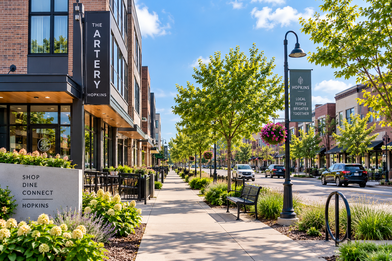 A street scene with a sidewalk lined with green trees, street lamps, and hanging flower baskets. Modern brick and glass buildings with storefronts are on the left, with outdoor seating areas. Cars are driving and parked along the street. Signs read 'The Artery,' 'Shop, Dine, Connect,' and 'Hopkins.' The sky is clear with a few clouds.