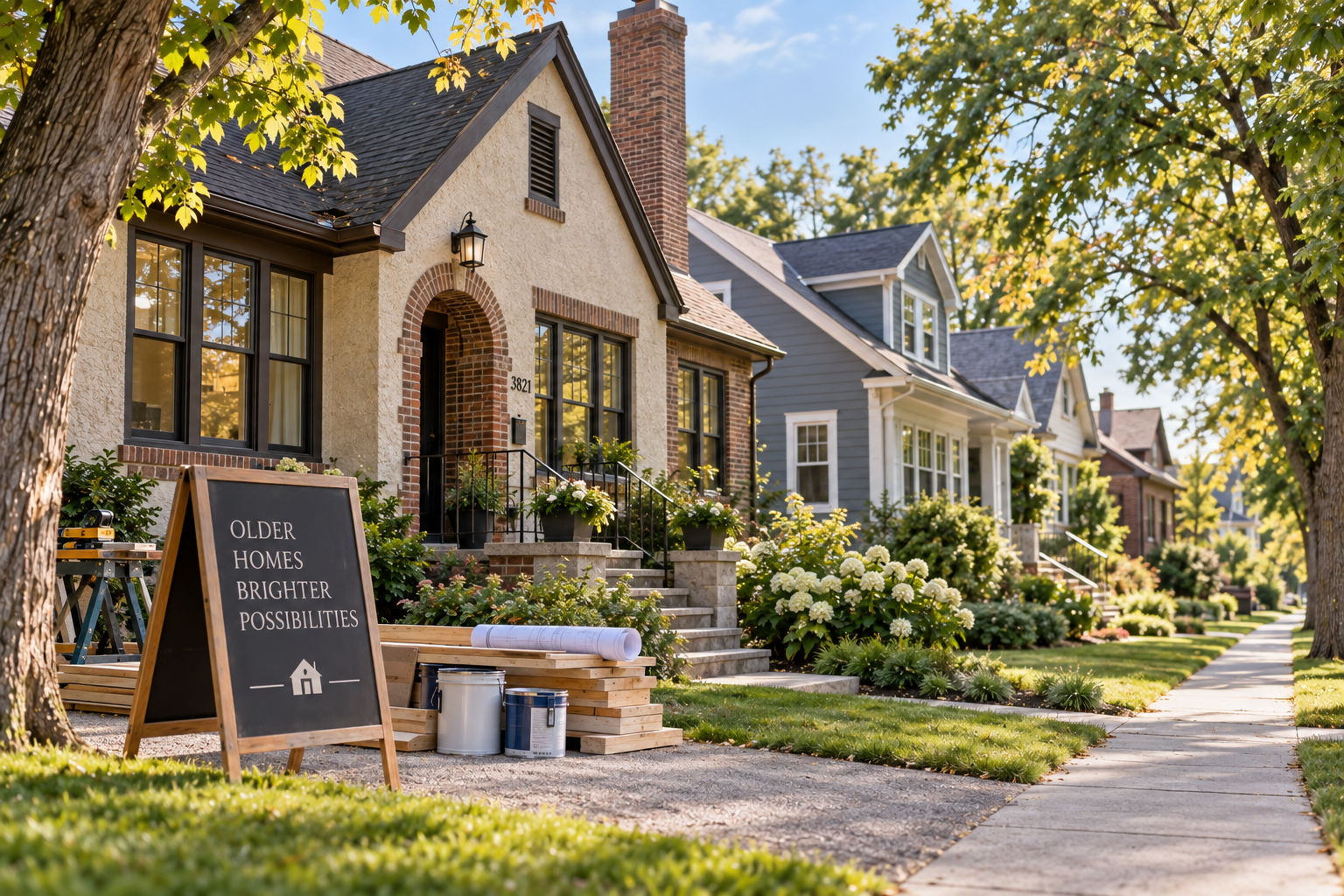 A row of well-maintained houses with front gardens and sidewalk, sunny day, with a sign that reads 'Older Homes Brighter Possibilities' in the foreground.
