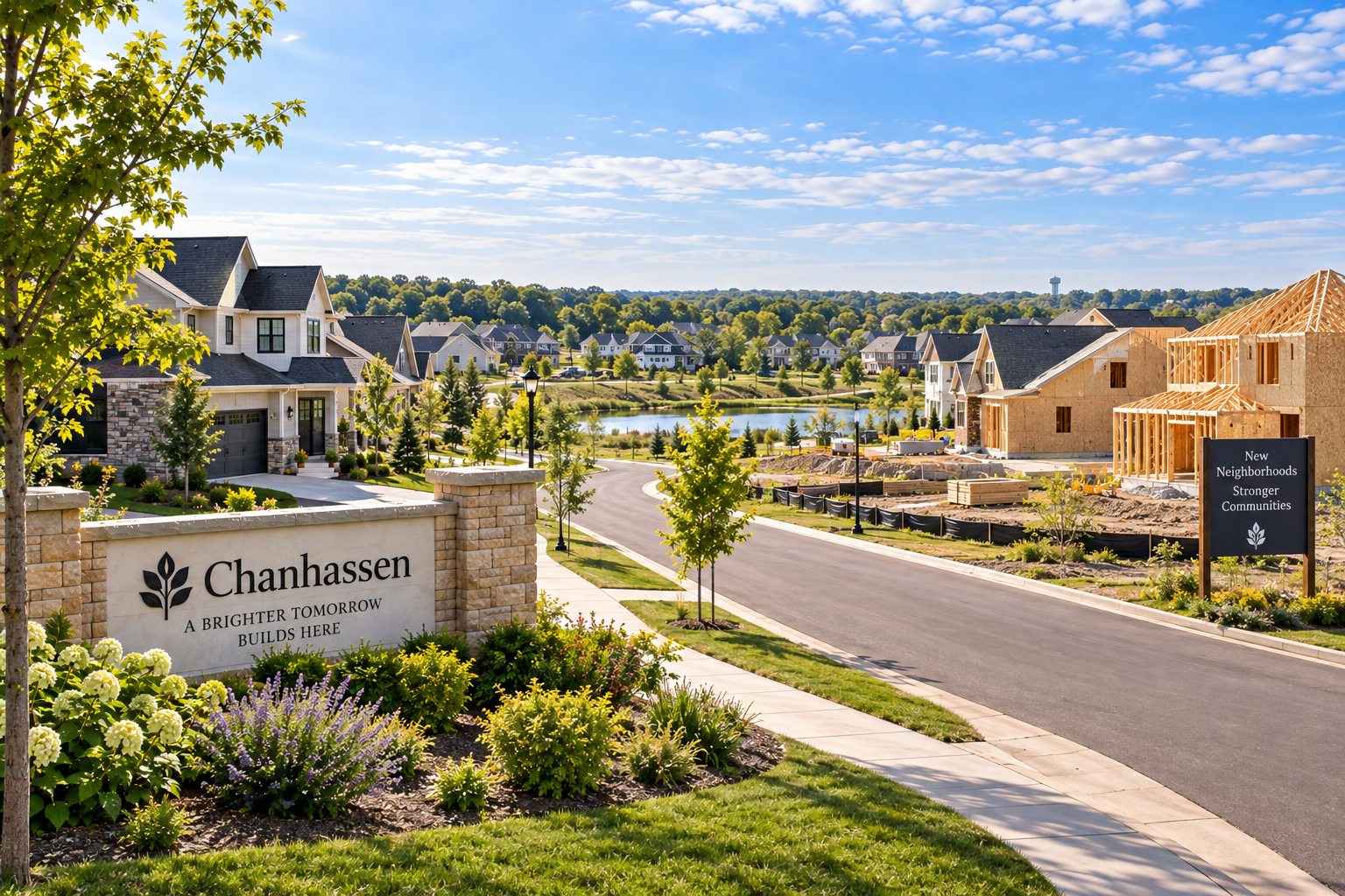 Construction of new houses in the Chanhassen neighborhood with a sign that says "Chanhassen: A Brighter Tomorrow Builds Here" and another sign that says "New Neighborhoods, Stronger Communities". The scene shows a paved street, landscaping, trees, a pond in the background, and blue sky with clouds.