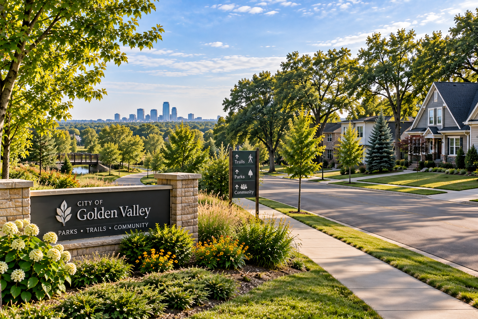 Tree-lined residential neighborhood with sidewalks, a landscaped sign for Golden Valley city, and a city skyline in the distance under a partly cloudy sky.