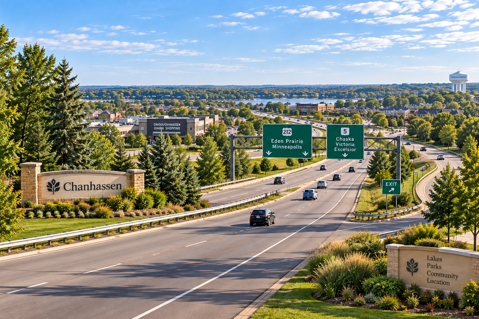 A highway scene showing signs for Chanhassen, Eden Prairie, Minneapolis, Chaska, Victoria, and Excelsior with cars driving on the road. Green signs indicate directions, and the area is surrounded by lush trees and landscaped areas, including signs for Chanhassen and a community location.