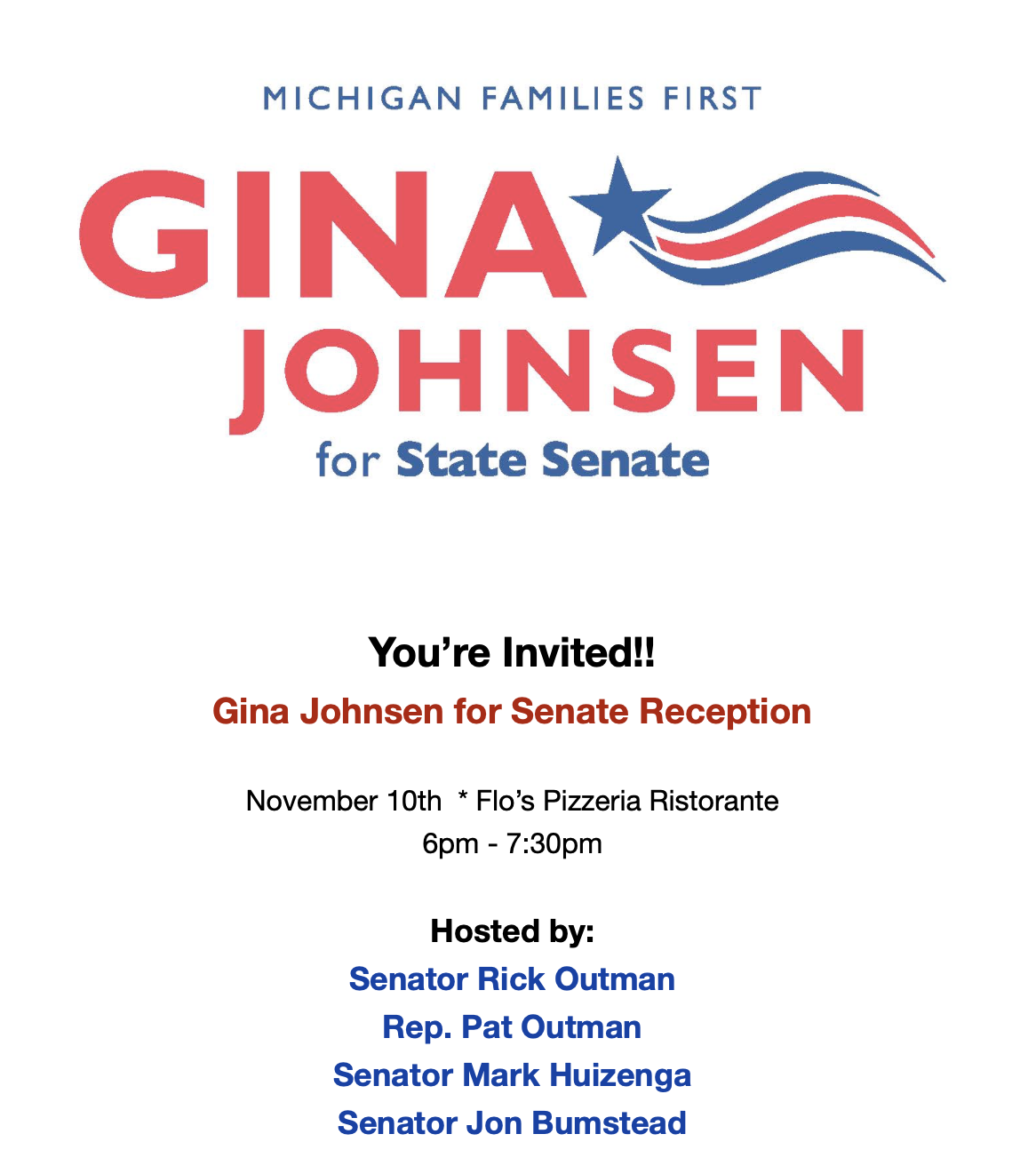 Invitation flyer for Gina Johnsen's Senate reception featuring patriotic colors, stars, and stripes, with details about the event on November 10th at Flo's Pizzeria Ristorante, hosted by several politicians.