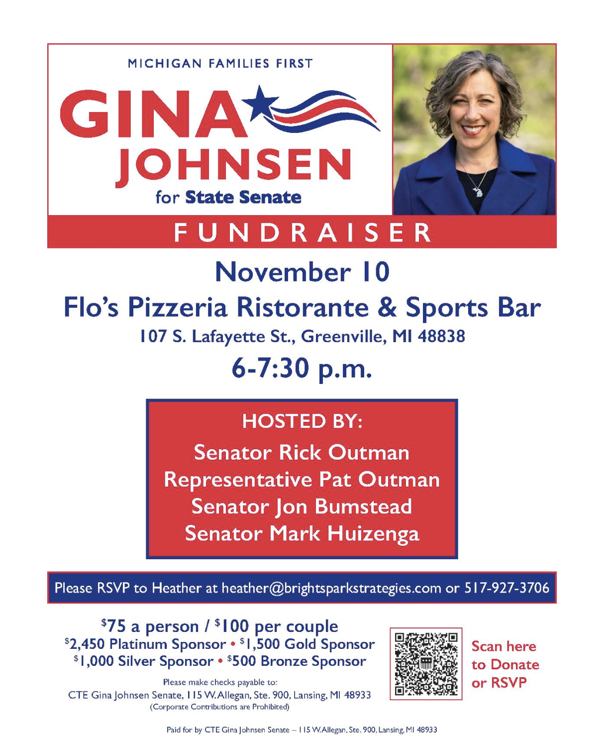 Flyer for a Gina Johnsen campaign fundraiser with event details, sponsors, and a photograph of Gina Johnsen.