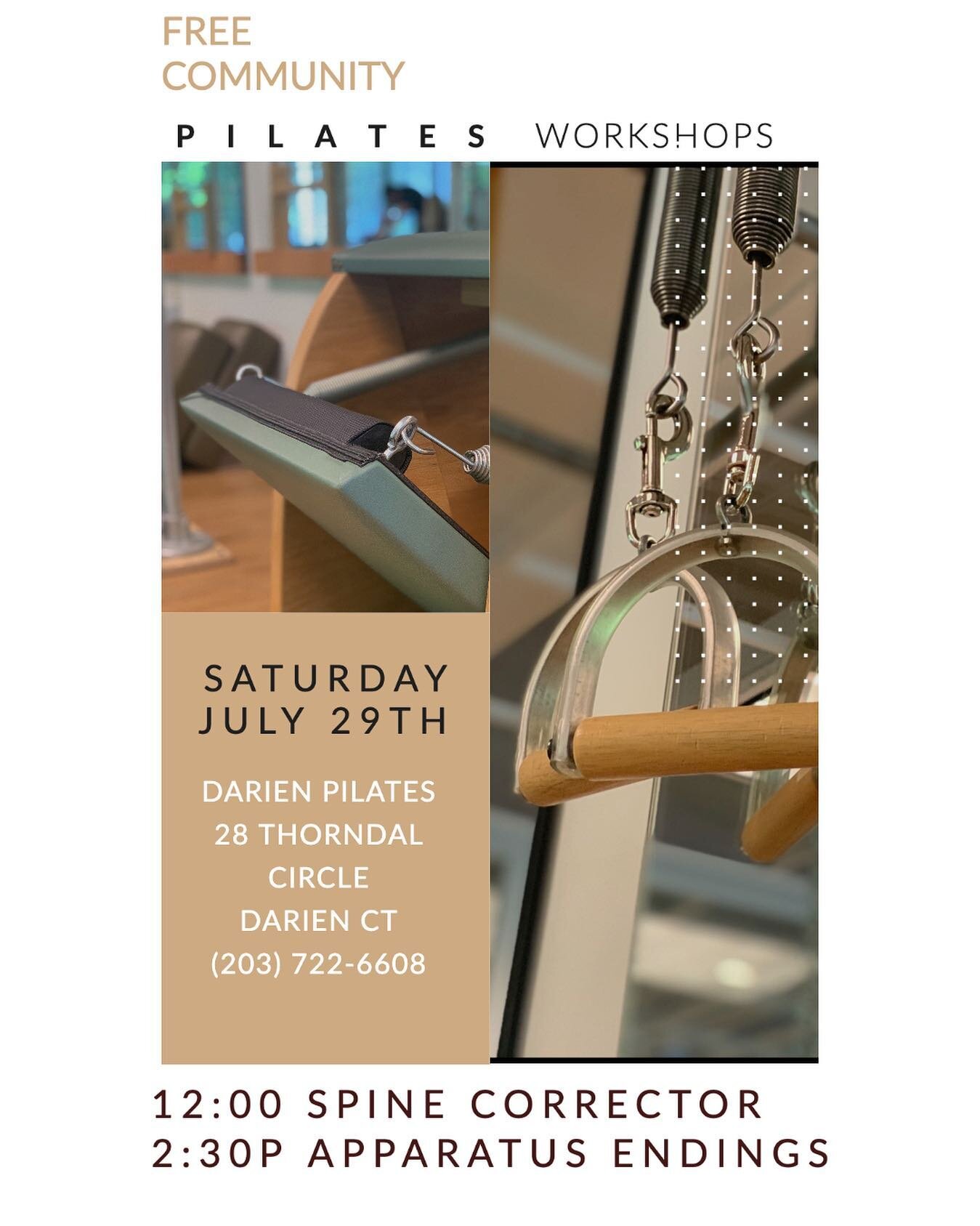 We continue our Free Pilates Community Project @darienpilates in Connecticut Saturday July 29th 12pm-2:30pm.

Workshops include the Spine Corrector and Endings (what should I teach at the end a lesson?) on multiple pieces of apparatus.

Our goal is t